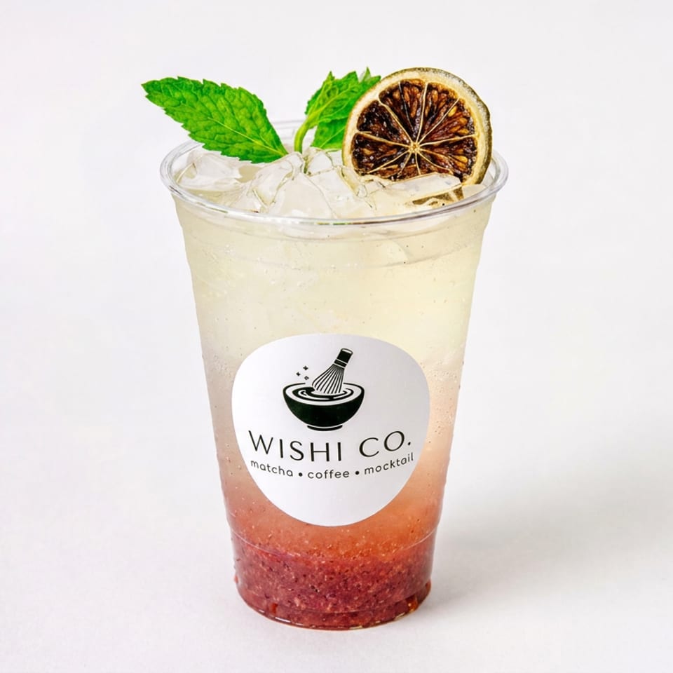 Layered iced fruit drink in a Wish Co. cup, garnished with mint leaves and a dried citrus wheel.