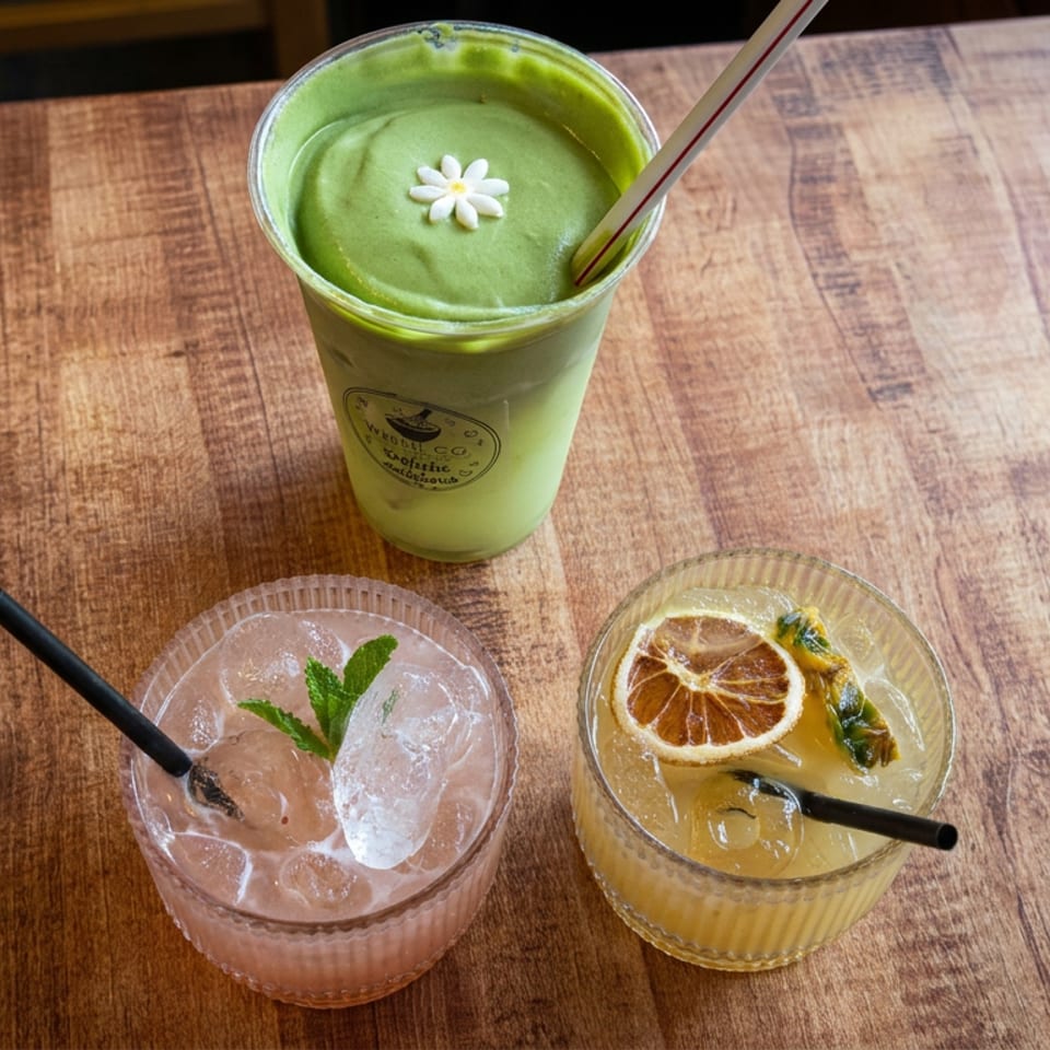 Three colorful drinks sit on a wooden table: a green matcha beverage, pink iced drink, and yellow citrus drink with garnishes.