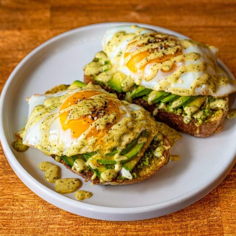 Two open-faced avocado toasts topped with fried eggs and creamy herb sauce on a white plate atop a wooden table.