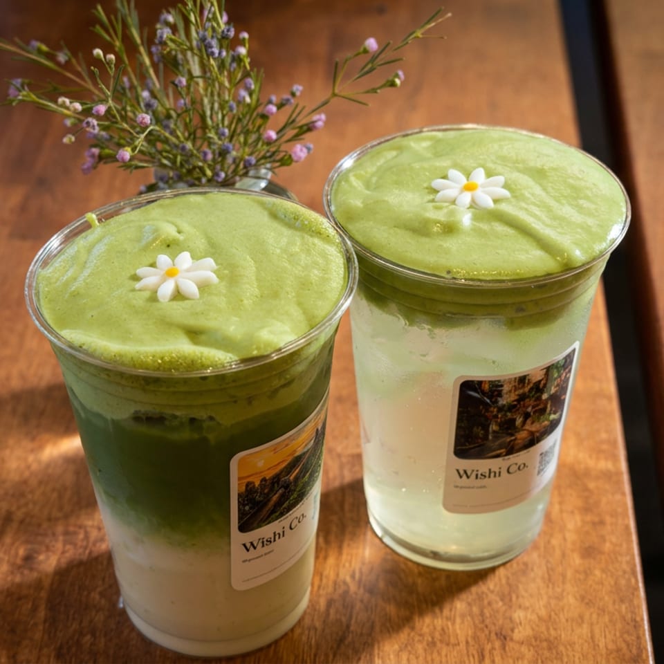 Two Wishi Co. drinks with green foam and white flower garnishes sit on a sunlit wooden table beside a small flower arrangement.