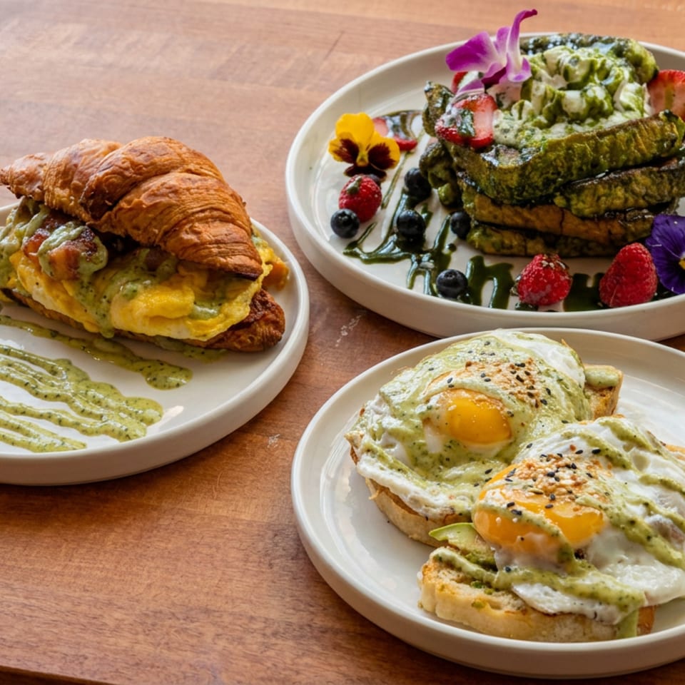 Three plated brunch dishes include a croissant sandwich, stacked berry-topped pancakes, and avocado-drizzled eggs on toast.